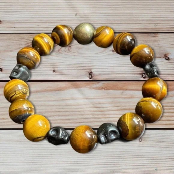 Hand Crafted Tiger’s Eye Skull Stretch Bracelet Unisex Natural Stones - Picture 2 of 5